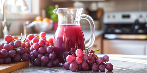 Wall Mural - Pitcher of grape juice on a kitchen counter, with a few bunches of grapes arranged around it