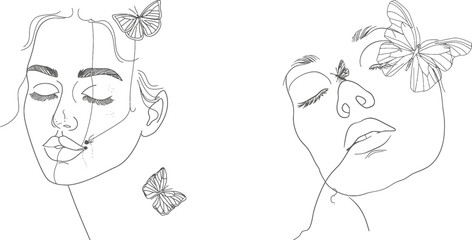 Aufkleber - Continually drawn women's face. A card with girl portrait and butterflies in minimalist style. Continually drawn woman's face.