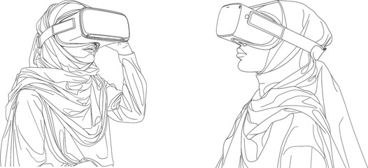 Aufkleber - A line drawing of a girl wearing VR glasses and feeling excited