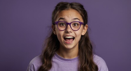 Poster - nerd young teen girl plain purple background looking happy amazed surpised wow shocked expression with copy space