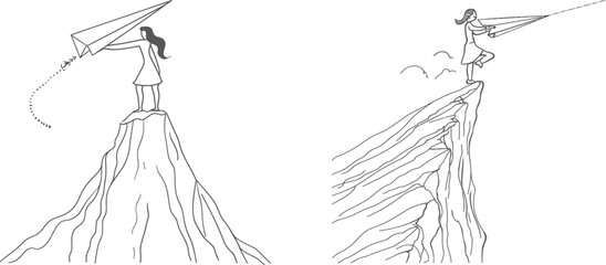 Aufkleber - Female worker jumping from paper plane across mountain. Modern graphic illustration with single line draw design.