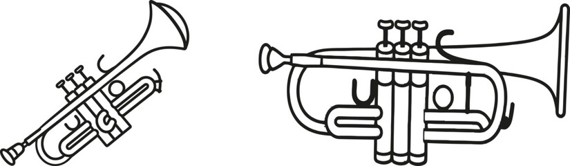 Poster - This is a continuous one line drawing of a trumpet instrument. The design is simple and monoline.