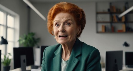 Poster - redhead elderly woman office background looking happy amazed surpised wow shocked expression with copy space