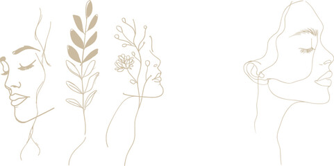Aufkleber - Plants, continuous line leaves. Abstract feminine print for social net stories, beauty logos, posters, cards, t-shirts.