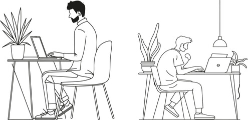 Leinwandbilder - Modern graphic one line design illustration of a man using a laptop at a table. Trendy one line design graphic.