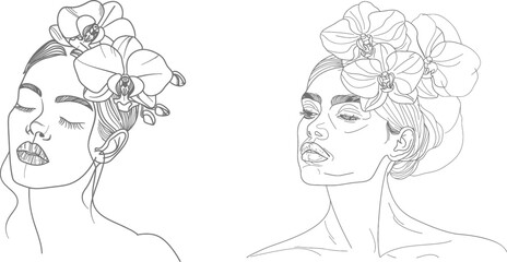 Poster - Female portrait with back and flowers. One line drawing modern trend. Fashion, design, logo, beauty.