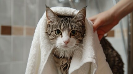 Poster - A person drying a cat with a towel after a shower, with the cat looking content.