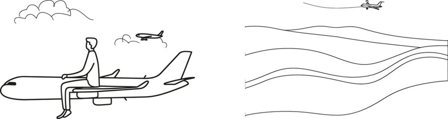 Continually drawing a vintage airplane model with a propeller icon. Aviation. Icon of planes. Single line drawing. Modern graphic illustration of an airplane.