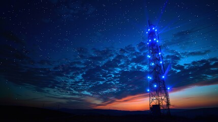 Fototapete - A signal tower glowing with blue lights against a twilight sky, symbolizing connectivity.