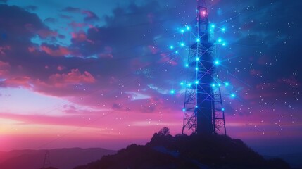 Fototapete - A signal tower glowing with blue lights against a twilight sky, symbolizing connectivity.