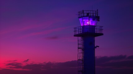 Fototapete - A signal tower illuminated by soft purple lights, blending into the dusk.