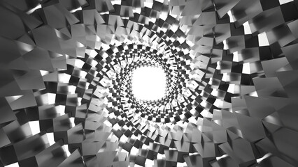 3D grayscale rendering of abstract geometric spiral structure. A simple, minimal, and modern or contemporary background or wallpaper	
