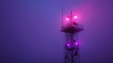 Fototapete - A signal tower illuminated by soft purple lights, blending into the dusk.