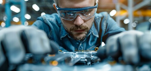 Poster - Focused technician in safety gear working on precision mechanical components in a factory setting, showcasing industrial skill and attention to detail.