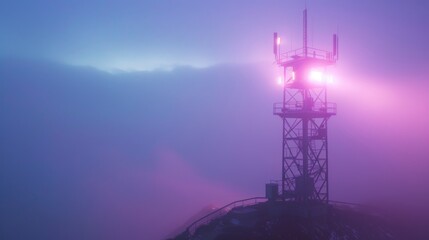 Fototapete - A signal tower illuminated by soft purple lights, blending into the dusk.