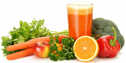 Wall Mural - Glass of mixed fruit and vegetable smoothie, placed beside fresh ingredients