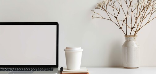 Poster - A laptop sits on a table next to a white cup and a vase of flowers