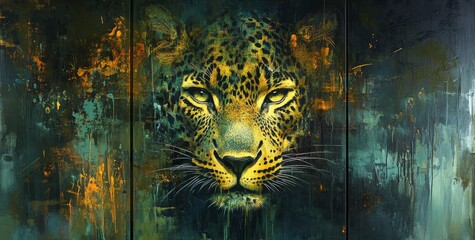 Wall Mural - Illustration of paintings of green leopards with green eyes on black backgrounds.