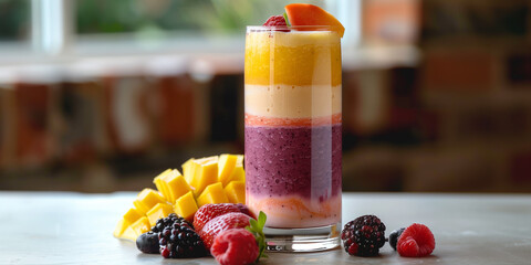 Wall Mural - Glass of fruit smoothie with layers of different fruit blends on a table