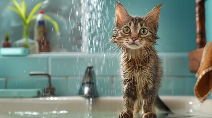 Poster - A wet cat standing on the edge of a bathtub, water dripping from its fur.
