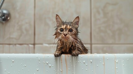Poster - A wet cat standing on the edge of a bathtub, water dripping from its fur.