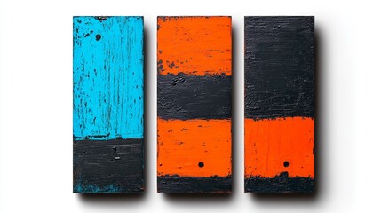 These three abstract paintings feature smooth curves made from blue, orange and white colors, in a grunge style.