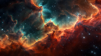 a swirling nebula featuring bright, glowing hues of green and blue, with wispy, smoky tendrils stret