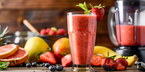 Wall Mural - Fruit smoothie in a tall glass, placed next to a bowl of assorted berries