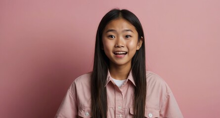 Poster - asian young teen girl plain pink background looking happy amazed surpised wow shocked expression with copy space