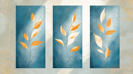 Wall Mural - An abstract painting with colorful leaves and a blue background