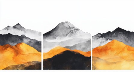 Poster - An abstract watercolor set of three paintings in black and orange, depicting natural landscapes.