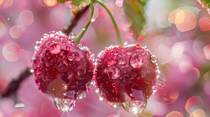 Wall Mural - Dewy Cherries: A Macro Perspective