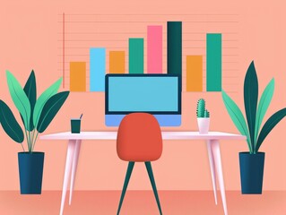 Poster - Vibrant pastel colored depicting an office workspace setup with a computer monitor desk and potted plants