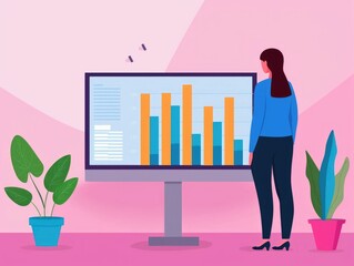 Poster - A female professional standing in front of a display screen showcasing an office analytics presentation in pastel colors