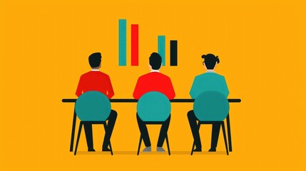 Poster - of a flat design business strategy meeting with a team of professionals presenting data charts and infographics for analysis and decision making