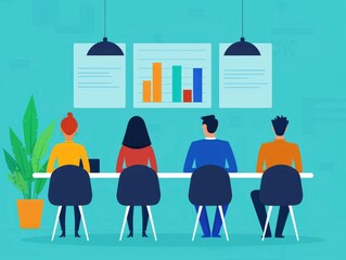 Poster - depicting a team meeting in a modern flat design office setting focusing on search engine optimization SEO and search engine marketing SEM strategy and data analysis