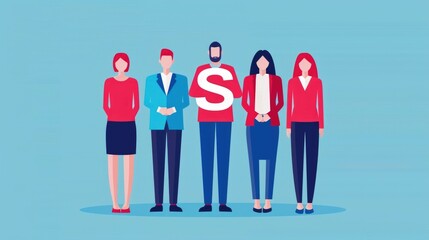 Poster - depicting a team of business professionals engaged in a discussion and brainstorming session about an SEO marketing campaign strategy in a modern flat design office environment