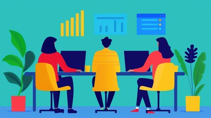 Fototapete - A depicting a group of digital marketers collaborating and planning their search engine optimization SEO strategies in a modern colorful office environment with laptops data visualizations