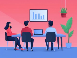 Poster - of a professional business team collaborating on data analytics insights and strategy planning during a meeting in a modern  pastel colored office workspace