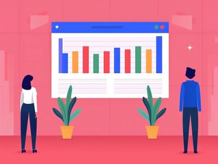 Fototapete - Two colleagues standing in front of a large data visualization chart  discussing business analysis  performance review  and strategy in a modern  flat design office setting  showcasing teamwork