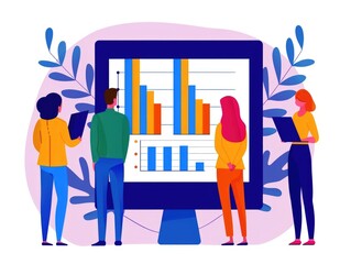 Poster - of a diverse digital marketing team collaborating to review business data  analytics  and SEO performance metrics displayed on an interactive computer dashboard or presentation screen