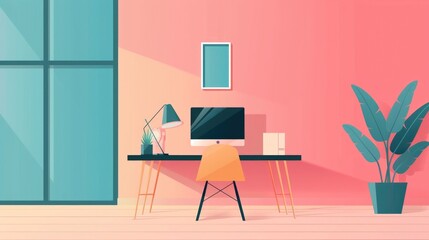 Poster - Pastel Toned Modern Office Workspace with Focus on SEO Strategy   Minimalist Interior Design with Laptop Monitor Desk and Plant Decor