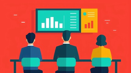 Poster - Flat Design of a Business Strategy Session with a Team of Experts Analyzing and Discussing Data Visualizations Charts and Graphs on a Presentation Screen