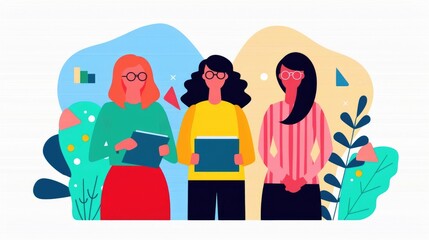 Poster - of a Team on SEO Strategies in a Pastel Colored Office Environment  Three Women are Working Together Using Laptops and Discussing Digital Marketing Solutions