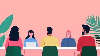 Poster - A diverse team of professionals collaborating on search engine optimization SEO strategies in a modern pastel colored office environment
