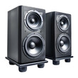 © narak0rn - A pair of black stereo speakers with a glossy finish.  The speakers are on stands.