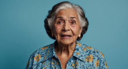 Poster - hispanic elderly woman plain blue background looking happy amazed surpised wow shocked expression with copy space