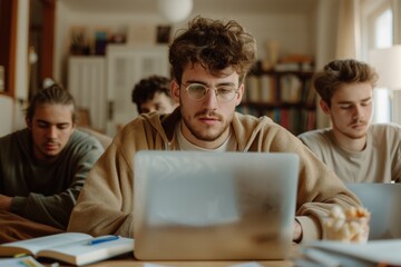 A group of young men are engrossed in studying with their laptops at a table in a library, emphasizing collaborative learning and academic dedication in a scholarly environment.