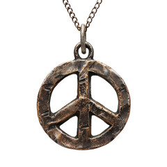 close up of a silver peace sign pendant on a chain.