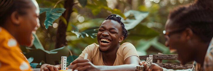 Poster - A photo of black friends playing dominoes in the back yard at their cabin. happy and laughing 